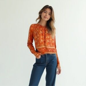 J Crew Floral Orange Relaxed Fit Blouse 100% Cotton